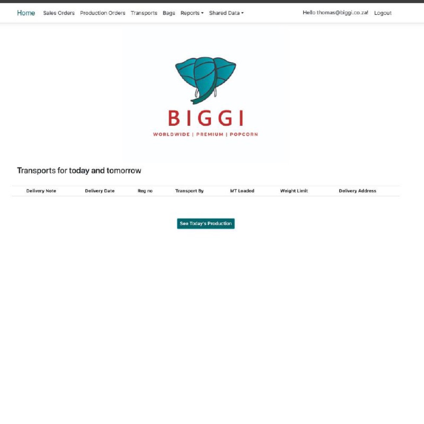 Biggi web app — transports overview