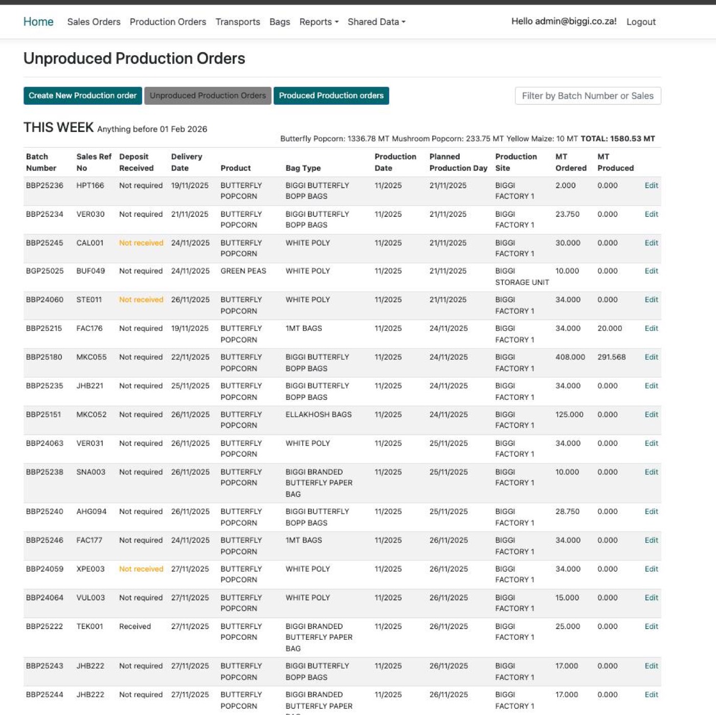 Biggi web app — production orders list