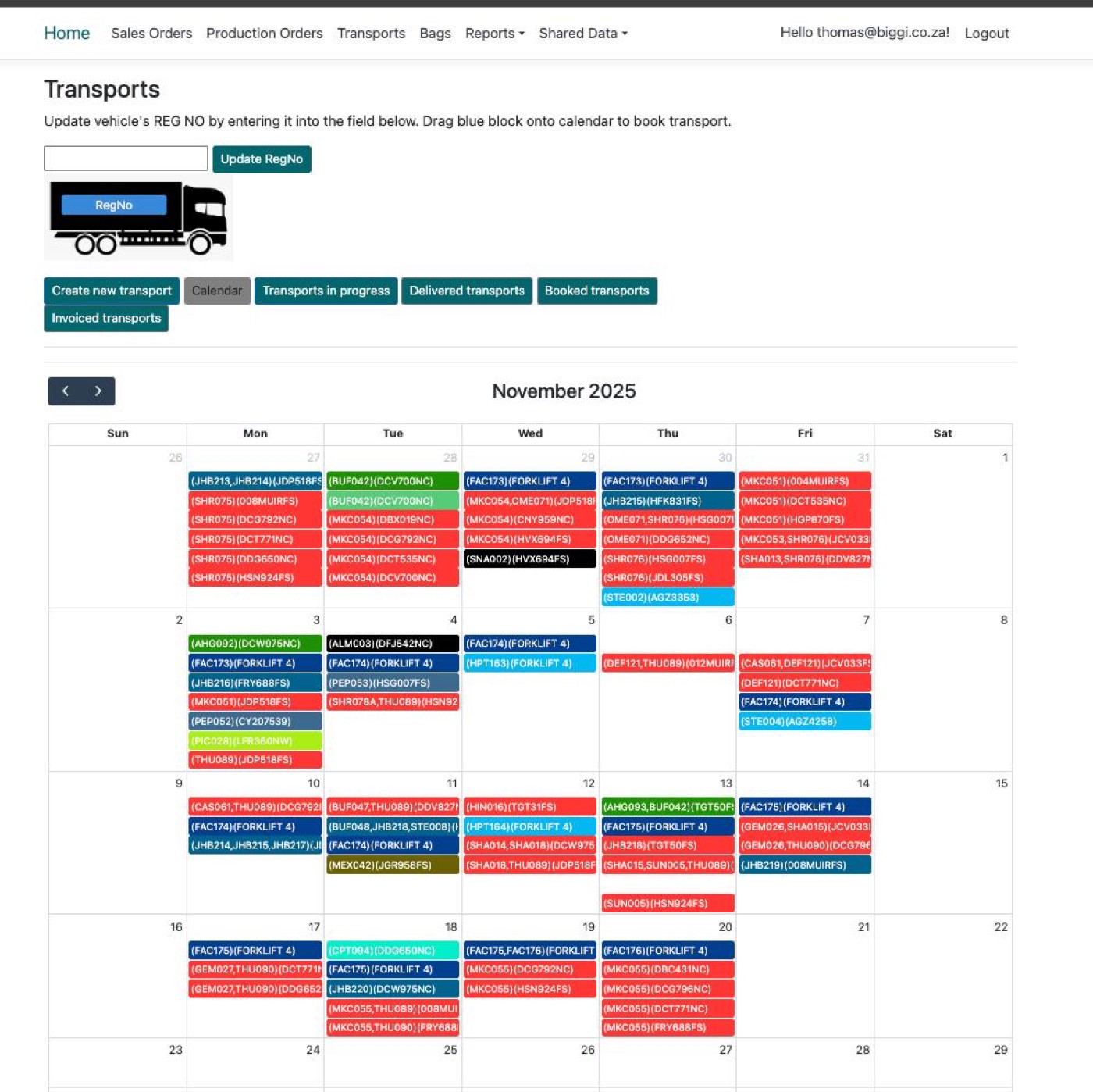 Biggi web app — transports calendar