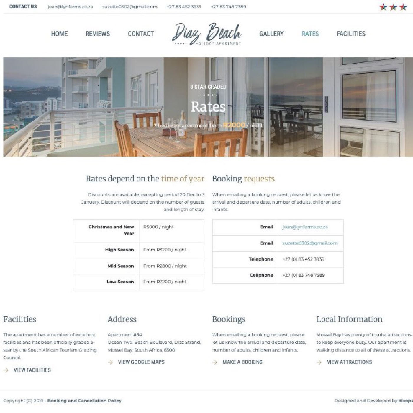 Diaz Beach Apartment website — rates