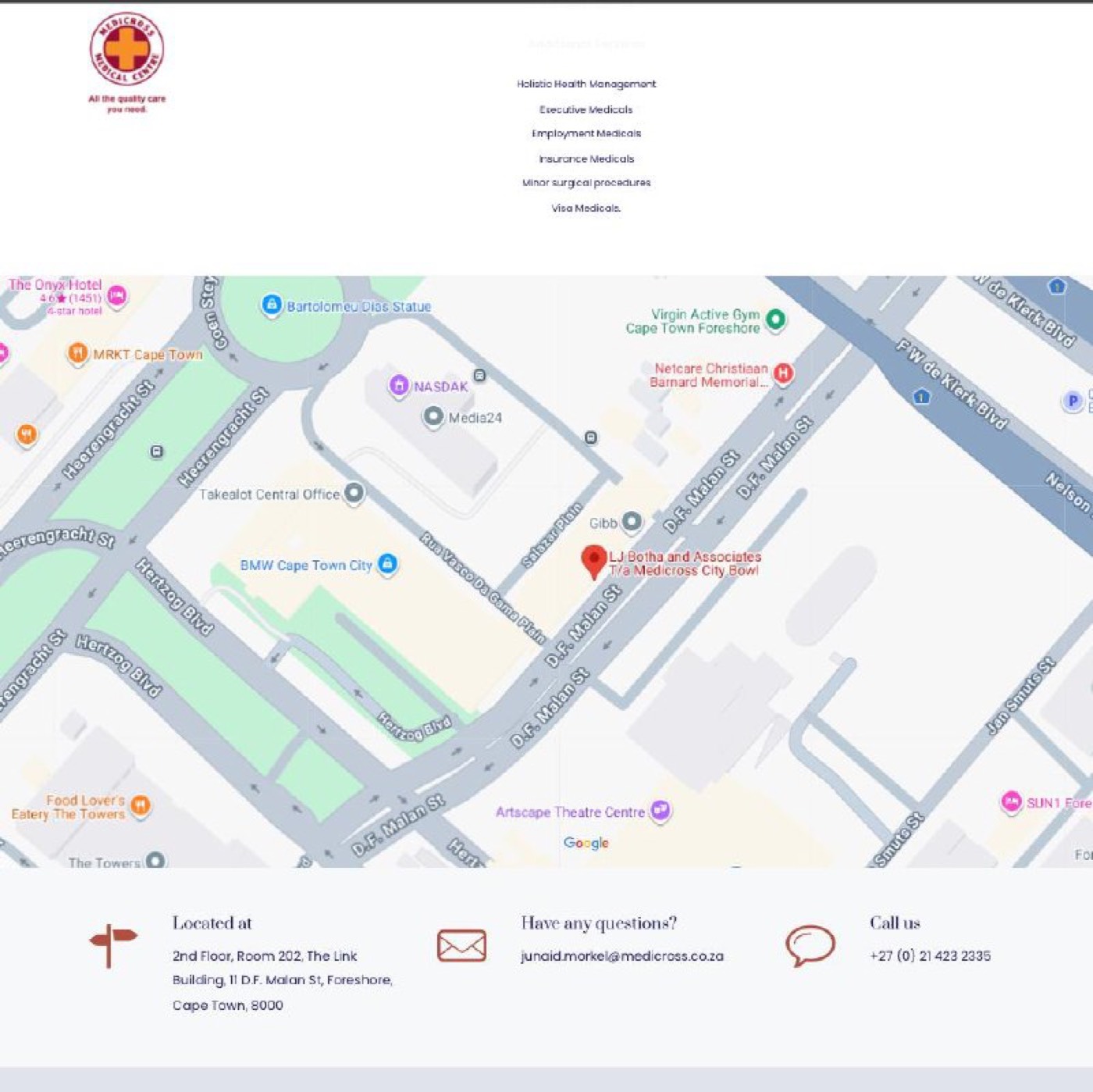 Medicross Cape Town website — location/contact section
