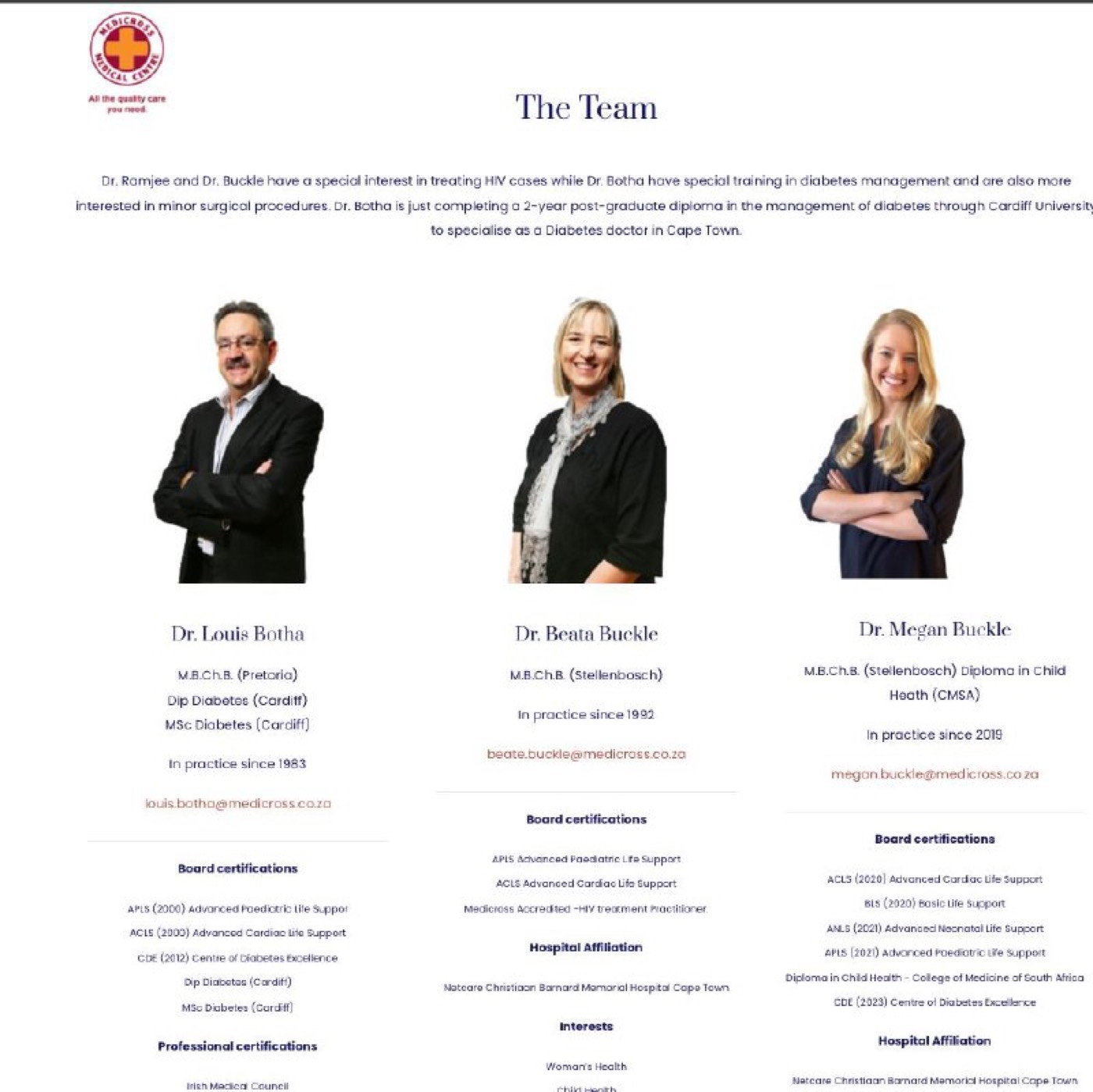 Medicross Cape Town website — team section