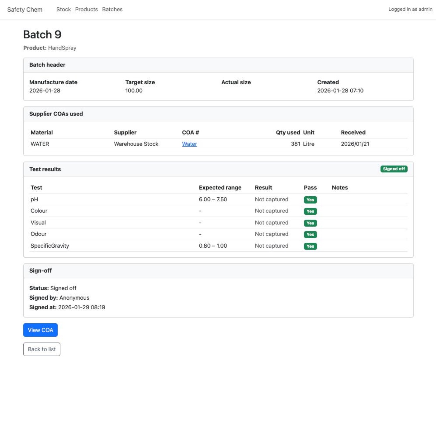 SafetyChem web app — batch details and sign-off